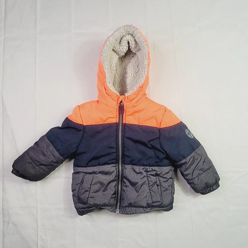 OshKosh Kids B'gosh Colorblock Puffer Jacket Size 18M Orange Navy Gray Hooded